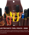 Durable Leather Electrician’s Tool Pouch with 15 Pockets and Tool Holders, filled with tools, made in USA, premium construction for pros.