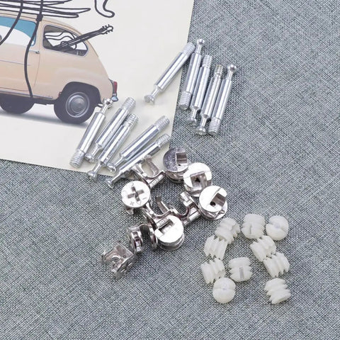 Beefy 24 Piece Cam Lock Nut Set For Cabinet And Furniture Assembly With Nylon And Iron Connectors on grey surface