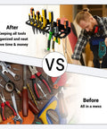 Wall Mount Metal Tool Organizer Rack For Garage Workshop Home Shed Holds Screwdrivers Pliers Wrenches Hammers And More with before-and-after tool organization comparison