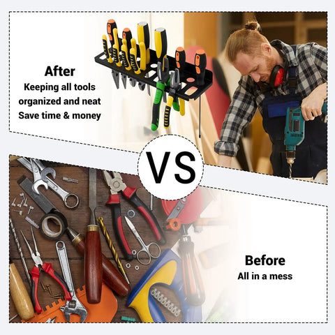 Wall Mount Metal Tool Organizer Rack For Garage Workshop Home Shed Holds Screwdrivers Pliers Wrenches Hammers And More with before-and-after tool organization comparison
