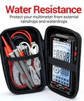 Open case of Rechargeable Digital Multimeter With Large Backlit Display And Auto Ranging showcasing accessories and screen.