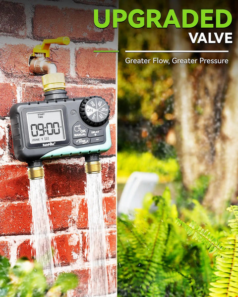 Two Zone Sprinkler Timer With Brass Inlet And Outlet For Garden Hose All In One Watering System mounted on brick wall