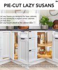 Two-Tier Pie-Cut Lazy Susan Organizer with almond plastic shelves installed in corner kitchen cabinet, offering 360 degree access.