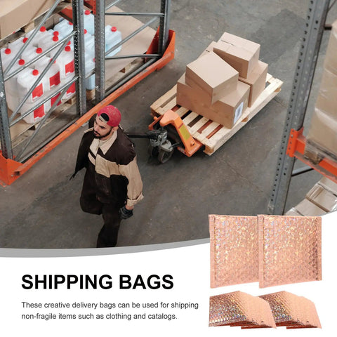Warehouse with worker beside pallet and 20 Pack Air Cushion Mailers 15x13cm Self Sealing Padded Shipping Bags For Clothes.
