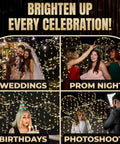 Weddings, prom nights, birthdays, and photoshoots under glowing lights backdrop.