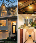 Collage showing a front door, stairs, porch, and hallway illuminated by Motion Sensor Light Bulb With Dusk To Dawn No Brainer Auto On Off