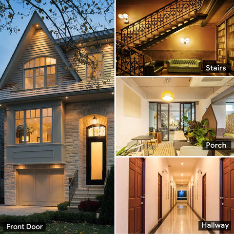 Collage showing a front door, stairs, porch, and hallway illuminated by Motion Sensor Light Bulb With Dusk To Dawn No Brainer Auto On Off
