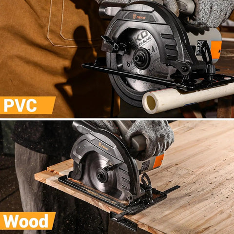 Heavy Duty 1200W Corded Circular Saw Featuring 165 Millimeter 24 Tooth Blade And Blazing 4800 Rpm cutting PVC and wood with precision.