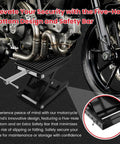 Beefed Up 1300 Lbs Motorcycle Jack With Thick 0.48 Inch Rubber Pad And Upgraded Anti Slip Bottom Wide Deck Carbon Steel Dirt Bike Center Stand With Chain Brush And T Handle For ATV Black supporting motorcycle