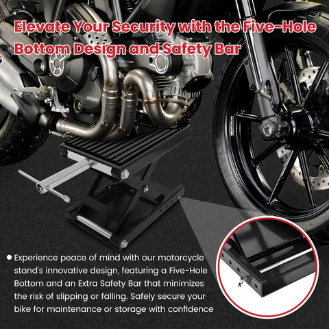 Beefed Up 1300 Lbs Motorcycle Jack With Thick 0.48 Inch Rubber Pad And Upgraded Anti Slip Bottom Wide Deck Carbon Steel Dirt Bike Center Stand With Chain Brush And T Handle For ATV Black supporting motorcycle