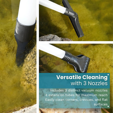 1400 Watt Pond Vacuum With 13 Ft Intake Hose Four Tubes Three Nozzles And Bag in use for sludge removal
