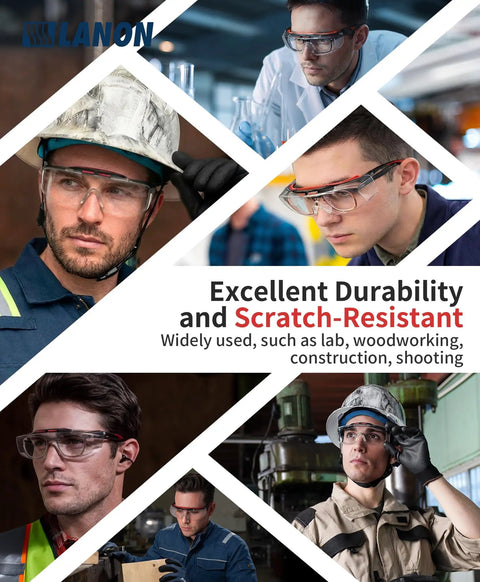 Collage showing Over Eyeglasses Safety Glasses With ANSI Z87 1 Lenses Anti Fog And Scratch Resistant UV Protection in work settings