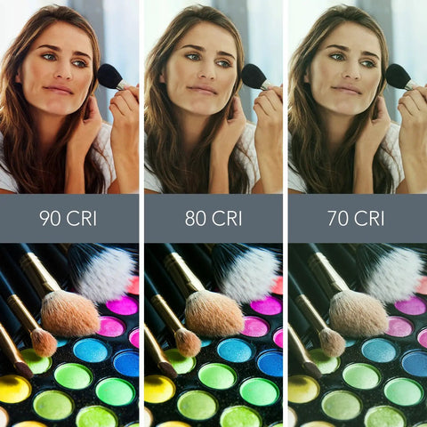 Comparison of makeup under 90 CRI, 80 CRI, and 70 CRI lighting conditions with brushes and colorful palettes.