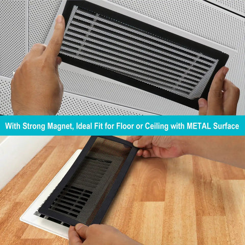 Magnetic Floor Vent Covers 4x10 Inch Mesh PVC Frame Black 2 Pack installed on wall and floor vent showing tough magnets.