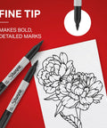 Fine Tip Permanent Markers Black 12 Pack Quick Drying Fade Resistant Multi Purpose Ink For Paper Plastic Wood Metal with floral drawing