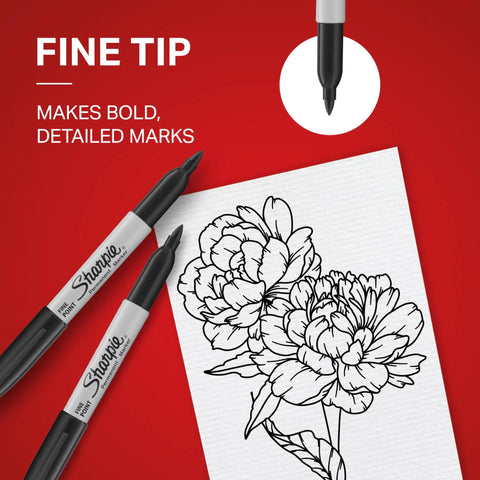 Fine Tip Permanent Markers Black 12 Pack Quick Drying Fade Resistant Multi Purpose Ink For Paper Plastic Wood Metal with floral drawing