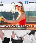 Woman playing tennis wearing lightweight sports sun visor, shown packing visor in pocket and bag. Lightweight Sports Sun Visor for Men and Women Packable Cooling Stretchy Visor Hat for Running Tennis Golf White Breathable Quick Dry Ultralight Comfort for All Day Outdoor Activities.