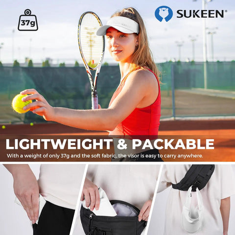 Woman playing tennis wearing lightweight sports sun visor, shown packing visor in pocket and bag. Lightweight Sports Sun Visor for Men and Women Packable Cooling Stretchy Visor Hat for Running Tennis Golf White Breathable Quick Dry Ultralight Comfort for All Day Outdoor Activities.