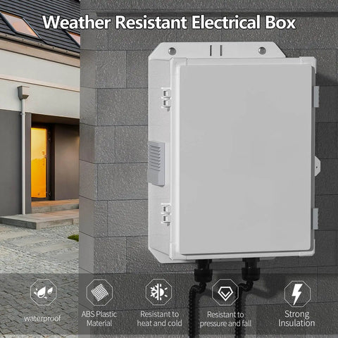 Rugged Outdoor Electrical Junction Box With Waterproof ABS Enclosure mounted on wall, 13 In H By 9.2 In L By 5.6 In W