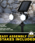 Solar Motion Sensor LED Landscape Lights Set Of 2 For Outdoor Patio Garden And Garage Waterproof 14 LED Super Bright Spotlight Sun Powered No Wiring Easy Install Pathway Deck Lighting, showing dual spotlight with solar panel and included stakes for easy assembly.