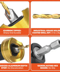 Image of Rock Solid Carbide Tipped Countersink Drill Bit with 1/8 Inch Point and 3/8 Inch Chamfer Angle, showing gold coating and hex shank.