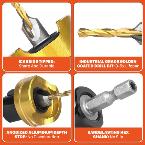 Image of Rock Solid Carbide Tipped Countersink Drill Bit with 1/8 Inch Point and 3/8 Inch Chamfer Angle, showing gold coating and hex shank.