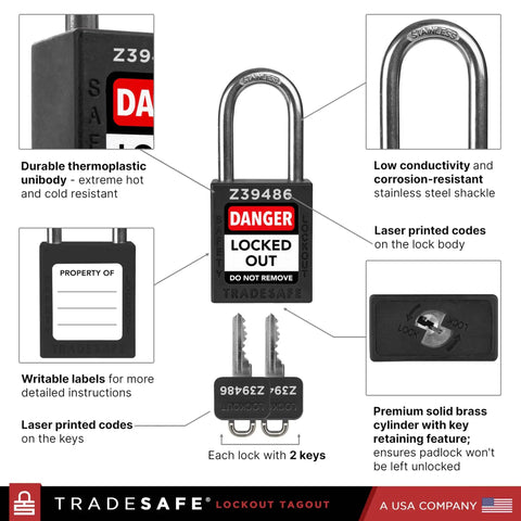 Lockout Tagout Padlocks Set Of 10 Black Keyed Alike Safety Locks With 2 Keys Each, OSHA Compliant LOTO Locks For Lockout Tagout Stations, Premium Grade