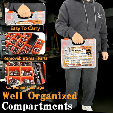 Person holding 560 Piece Single Ear Hose Clamps Kit Pro Grade Stepless 22 Size From 5.3 mm To 36.1 mm 304 Stainless Steel Clamps With Pliers And PEX Pipe Cutter Tool In A Portable Toolbox For Automotive And Fuel Line Repair