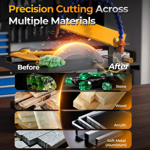 Beefed Up 350W Lapidary Benchtop Saw cutting stone, wood, acrylic, and soft metal with diamond blades, showcasing precision cuts.