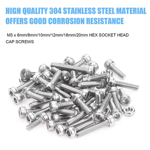 Hex Socket Head Cap Bolts And Nuts Kit Stainless Steel 304 M3 Set In 6 8 10 12 16 20 mm Lengths 360 Pieces DIY Hardware