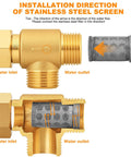 Diagram of Built Tough Brass Inline Garden Hose Filter With Ball Valve Drain Three Quarters Inch GHT showing water flow direction.