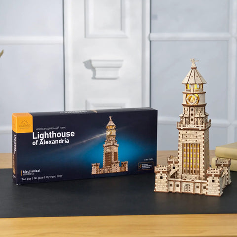Lighthouse Of Alexandria 3D Wooden Puzzle Kit For Adults With LED Night Light, DIY Model Building Hobby Set, Ancient World Landmark, Brain Teaser, Creative Home Decor And Conversation Starter, 340-piece plywood model on display