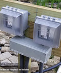 Weatherproof 2-Gang Lockable In-Use Electrical Outlet Cover installed on outdoor wood panel, UL Extra Duty Compliant.
