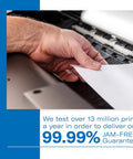 Hand inserting paper into printer with text about 13 million prints tested annually for 99.99% jam-free guarantee.