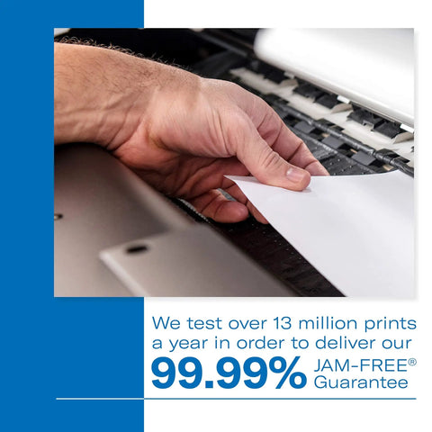 Hand inserting paper into printer with text about 13 million prints tested annually for 99.99% jam-free guarantee.
