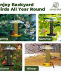 Outdoor Finch Bird Feeder Tube With Rainproof Dome Metal Mesh For Nyjer Thistle Seed No Mess 2.5 Lb Capacity shown in all seasons