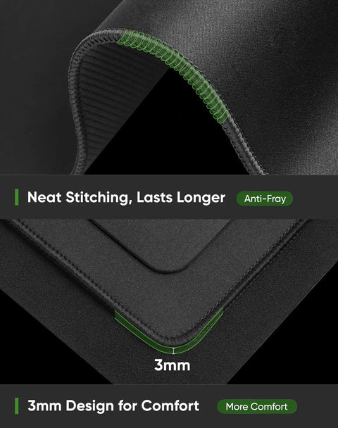 Close-up of Large Gaming Mouse Pad With Non Slip Rubber Base And Edge Stitching, showing anti-fray edge and 3mm thickness details.