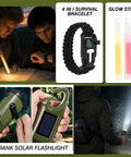 Collage of All Terrain Survival Gear Kit with First Aid Supplies, including crank flashlight, paracord bracelet, glow sticks.