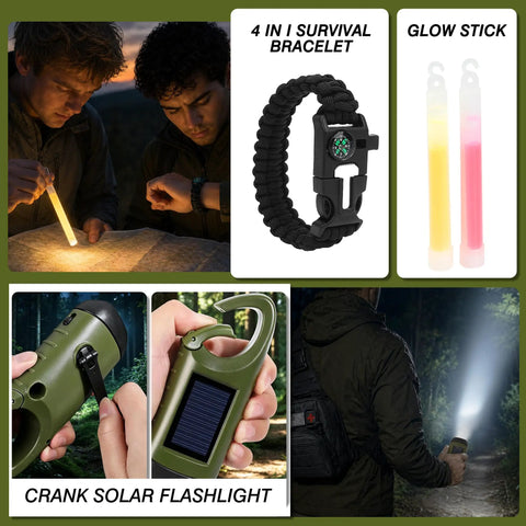 Collage of All Terrain Survival Gear Kit with First Aid Supplies, including crank flashlight, paracord bracelet, glow sticks.
