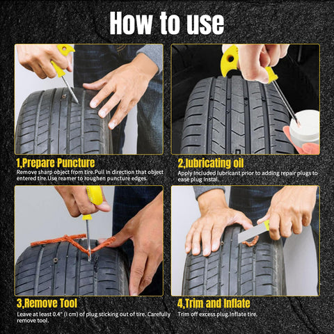 Steps to use Heavy Duty Universal Tire Plug Kit With 33Pcs Puncture Repair Tools for tubeless tire repair