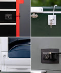 Heavy Duty Refrigerator Lock with Keyed Mechanism installed on various surfaces, showing steel cable and black finish lock.