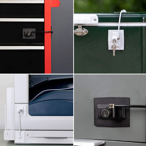 Heavy Duty Refrigerator Lock with Keyed Mechanism installed on various surfaces, showing steel cable and black finish lock.