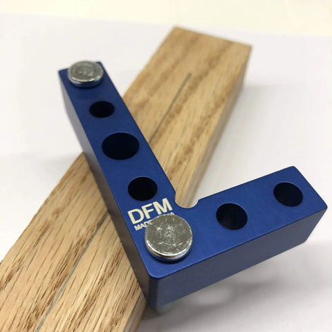 Small Square And Center Finder For Woodworking, Mini Square Tool With 11 32 Inch Center Marking Hole in blue on wood surface