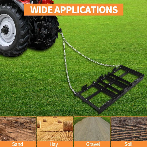 Heavy Duty Drag Harrow Driveway Grader For Tractors And ATVs Pull Behind 4ft Tool attached to tractor on grass
