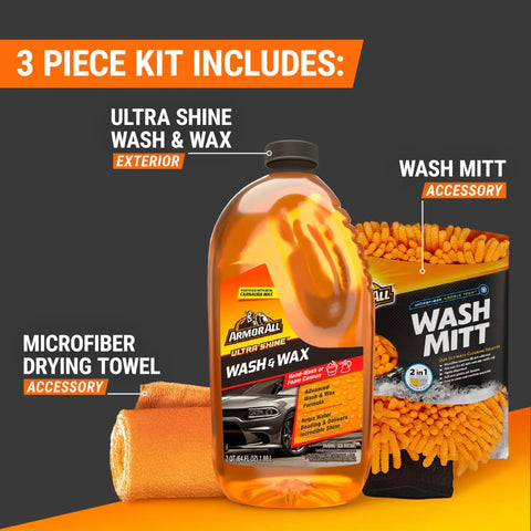 All In One Car Wash Kit With Ultra Shine Soap Plush Wash Mitt Microfiber Towel And Wax Buff For A Showroom Shine Without The Hassle