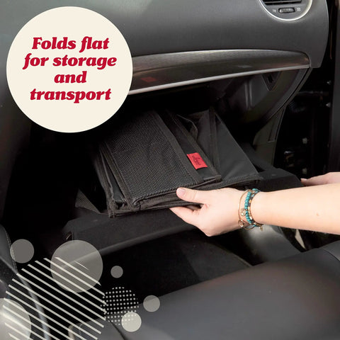 Backseat Car Organizer With Built In Cup Holders And Mesh Pockets Foldable With Handles 9 Compartments being folded for flat storage