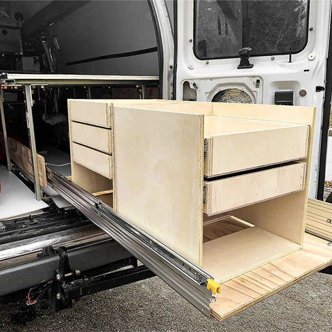 Heavy Duty Full Extension Drawer Slides Built Like A Tank With Secure Lock And Smooth Ball Bearings Handle 485 Pounds No Sweat Just Easy Glide Tracks Ideal For Rv Cabinets Or Work Benches Pair showing mounted in a van.