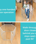 3 In 1 Metal Superyard Baby Play Yard With 6 Panel Playpen, Gate, And Extra Wide Fence For Toddlers, bars open with mother and child entering, taupe