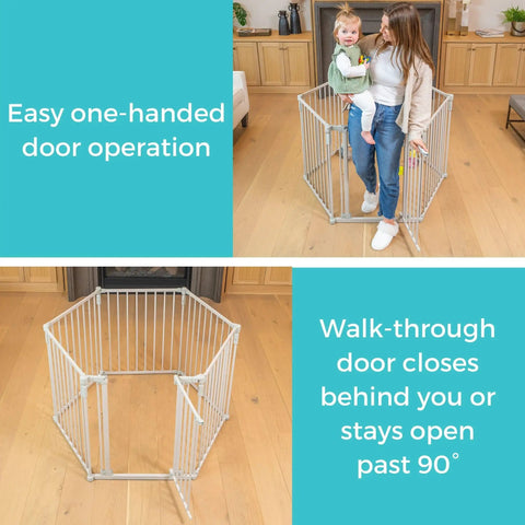 3 In 1 Metal Superyard Baby Play Yard With 6 Panel Playpen, Gate, And Extra Wide Fence For Toddlers, bars open with mother and child entering, taupe