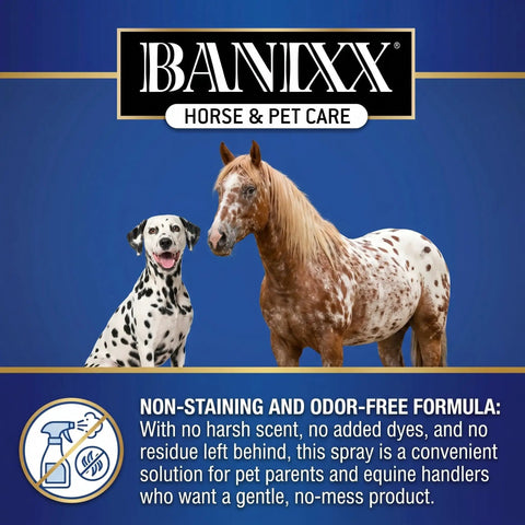 All-In-One Horse And Pet Grooming Spray For Horses, Dogs And Cats Daily Skin, Coat, And Hoof Care Alcohol-Free Non-Staining No Odor Made In USA 8 oz with horse and dog image